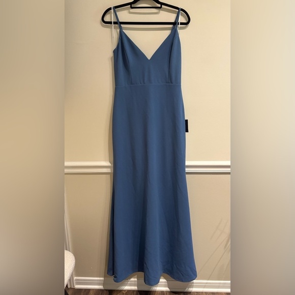 Lulus Refined Poise Slate Blue Sheer Lace Sleeveless Maxi Dress size Large NWT - Picture 4 of 11